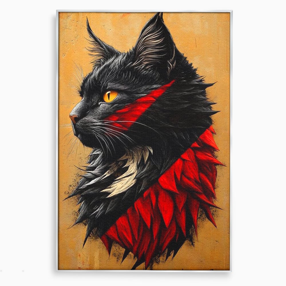 Tablou canvas cu tablou canvas cu motan negru in profil, in rama de aluminiu argintiu
